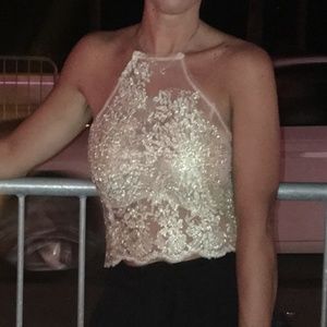White Fox Boutique gold lace crop halter top in xs